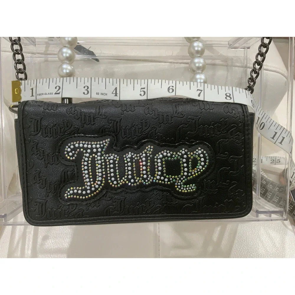 Juicy Couture Black Embossed Pearl Handle Rhinestone Logo Crossbody Bag Wallet